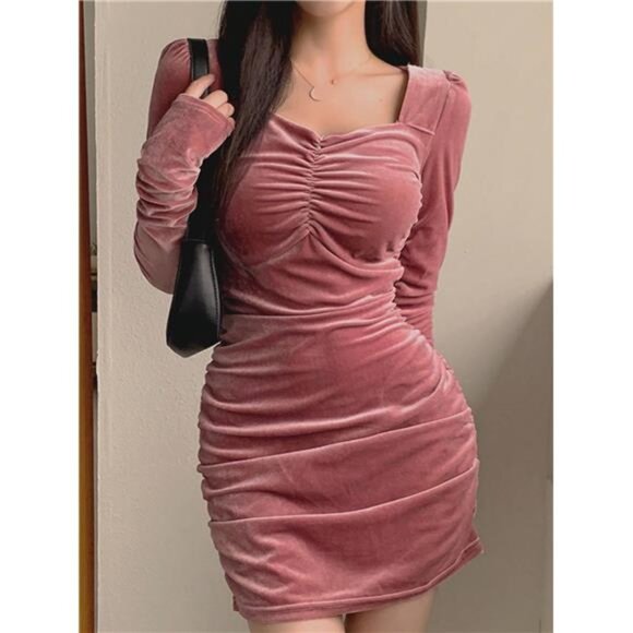 Women's Velvet Shiny Square Neck Bodycon Mini Dress